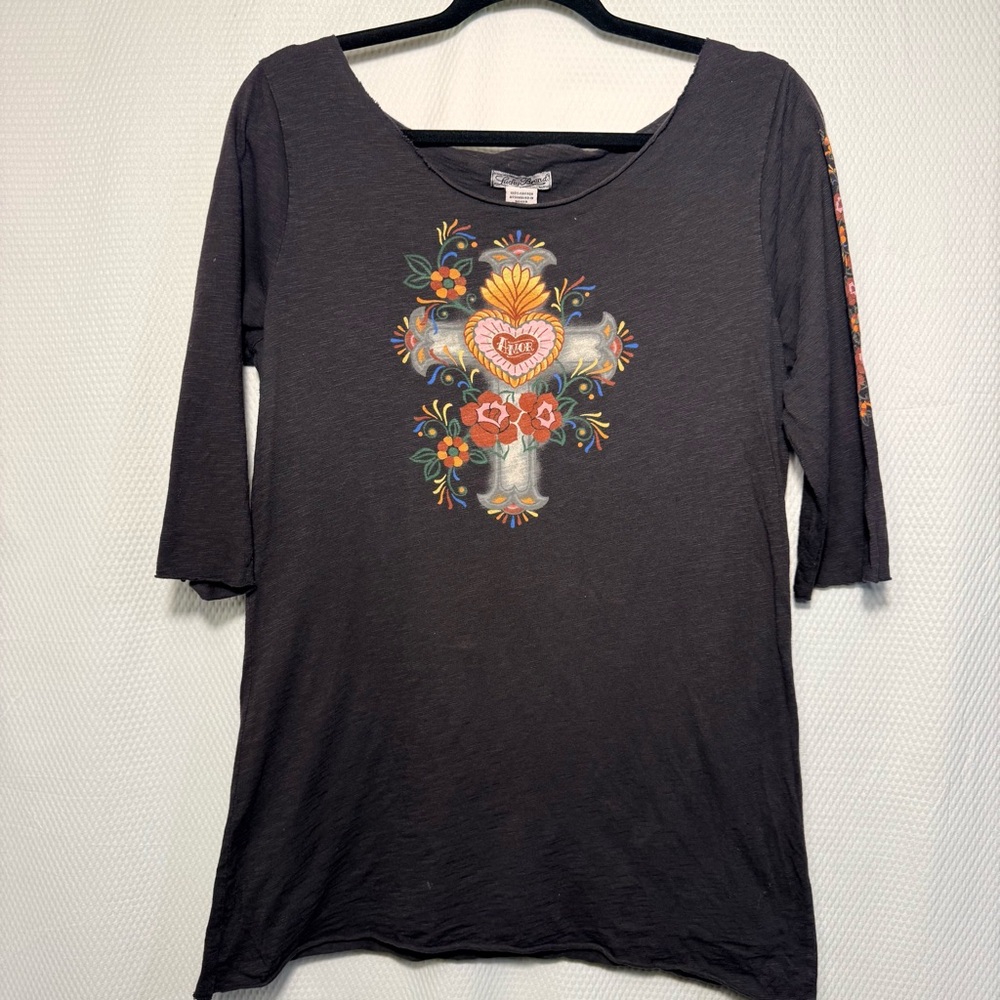 Lucky Brand Black Floral Cross Long Sleeve Tee